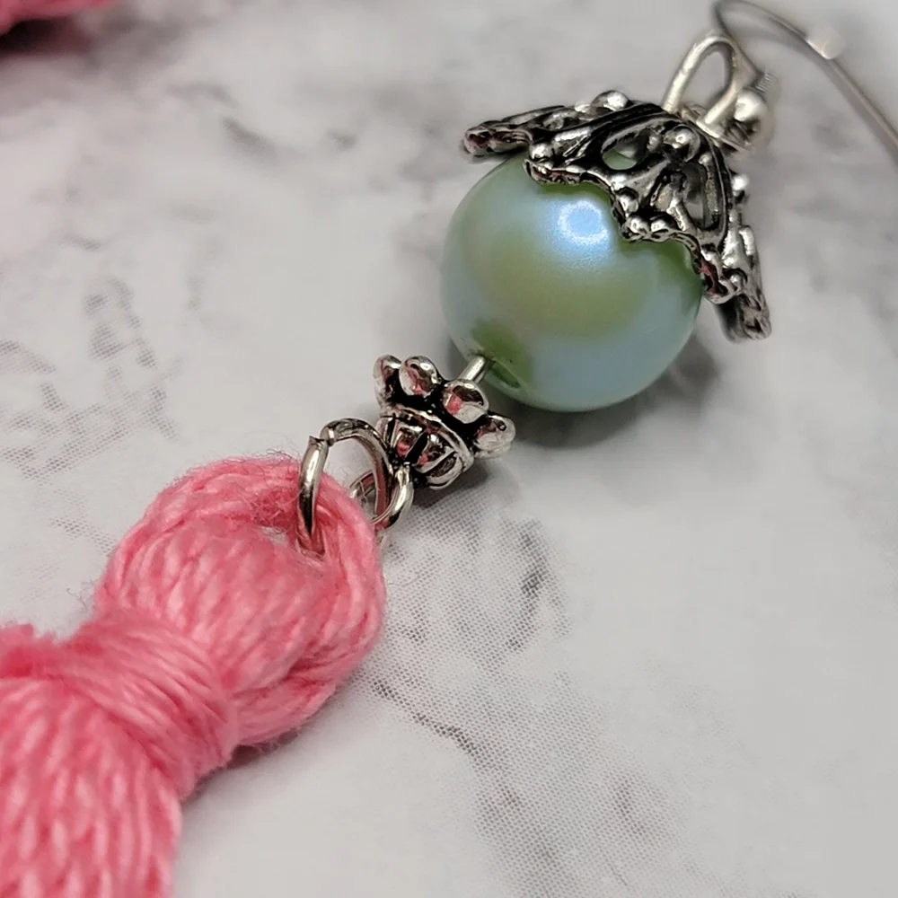 Handmade Tassel Earrings Pink Minty Teal Pearlescent Faux Pearl Bell Boho Hippie